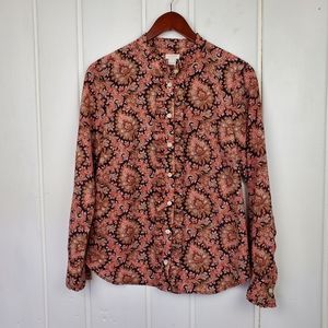 J.Crew Sm Orange Black Floral Paisley Ruffle Button Up Long Sleeve Blouse